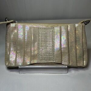 DX Touch Clutch Purse Gold Italian Leather Swarovski Crystals Iridescent Pleated